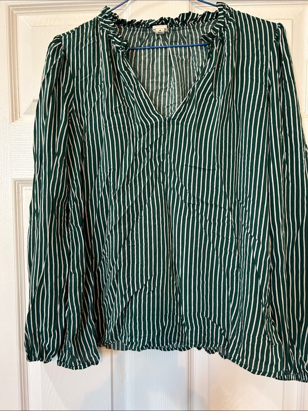 GAP Green and White Striped Ruffle V-Neck Blouse